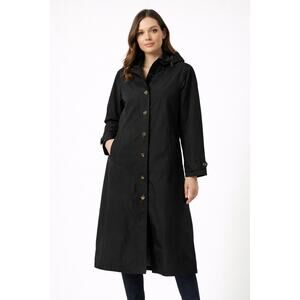 TravelSmith Black Hooded Raincoat Womens Large Button  Lightweight Travel Coat